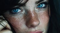 Close-up portrait of young Caucasian woman with striking blue eyes and natural freckles. Soft lighting highlights facial features for beauty and skincare concepts.