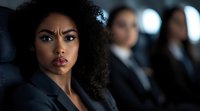 Young African American businesswoman with natural curly hair looking confidently at camera while sitting in corporate meeting room with colleagues in background.