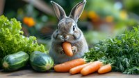 Adorable gray bunny eating fresh carrot surrounded by garden vegetables and greens on wooden surface, funny pet portrait with natural organic produce.