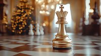 Golden queen chess piece on checkered board with festive bokeh lights in background, dramatic perspective view highlighting strategy and leadership concept.