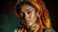 Young African woman wearing colorful traditional headwrap and jewelry with warm lighting portrait for cultural diversity and beauty concepts.