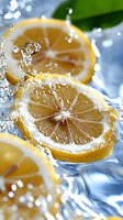 Fresh lemon slices splashing in crystal clear water with water drops and dynamic motion, green leaf detail in background, macro photography on blue surface.