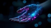 Magical glowing particles in open palm with blue and purple sparkles against dark background create mystical atmosphere for spiritual and fantasy designs.