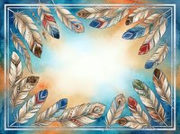 Feathers in warm and cool tones frame a luminous center space, creating an ornamental border design with blue, gold, and rust accents for decorative backgrounds.