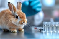 Ginger dwarf rabbit near medical vials and syringe on blue background, veterinary concept for animal vaccination and healthcare in modern clinic setting.