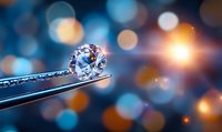Brilliant diamond held in tweezers against blurred blue and orange bokeh background with bright light flare, showcasing luxury jewelry craftsmanship and gemology.