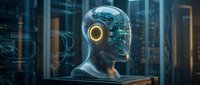 Futuristic AI robot head with glowing circuits and golden eye in modern data center server room showcasing artificial intelligence and machine learning technology.