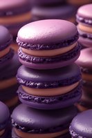 Purple and pink macarons stacked in an artistic composition with soft lighting, showcasing delicate almond meringue cookies filled with cream against dark background.