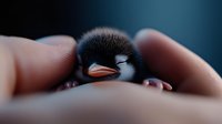 Newborn black chick sleeping peacefully in cupped hands, close-up view showing delicate features and tiny beak against dark background, creating tender moment.