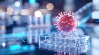 Microscopic view of red virus cell floating above laboratory plate with blue bokeh background, medical research concept for healthcare and virology studies.