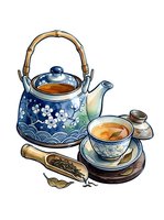 Asian tea ceremony set with blue porcelain kettle featuring floral motifs, matching cup and saucer, wooden scoop and dried leaves on white background for design projects.