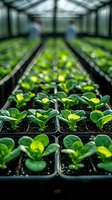 Young green seedlings growing in organized rows of black plastic trays inside modern greenhouse facility for commercial agriculture and sustainable farming.