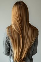 Back view of long straight blonde hair with natural highlights and smooth texture, wearing casual grey top against neutral background. For beauty and hair care advertising.