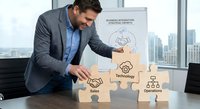 Caucasian businessman in gray suit assembling wooden puzzle pieces with business icons including handshake, teamwork and operations in modern office.