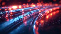 Digital data streams with glowing red and blue light effects flowing through optical fiber networks, representing high-speed internet and information transfer technology.