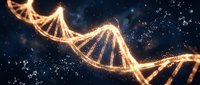 Glowing golden DNA double helix strand on dark cosmic background with sparkling particles, symbolizing genetics, biotechnology, and scientific research.