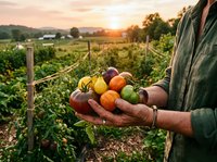 Farmer holding a colorful variety of fresh heirloom tomatoes at sunset in an organic garden, showcasing farm-to-table harvest.