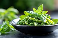 Fresh homemade pesto sauce with basil leaves in black bowl on wooden table. Green herb condiment for pasta, cooking and culinary applications.