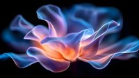 Ethereal abstract smoke formation in vibrant blue, orange and purple colors against black background creates flowing organic shapes with luminous glow effect.