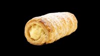Cream-filled puff pastry roll dusted with powdered sugar, isolated on transparent background. Ready for bakery menus, stickers, t-shirt design, clipart, and print on demand use.