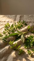 Fresh herbs including sage, oregano and parsley arranged on rustic linen fabric with warm natural lighting for culinary and cooking applications.