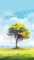 Solitary tree with vibrant yellow-green foliage standing in open meadow under bright blue sky with fluffy white clouds, painted in soft watercolor style.