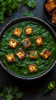 Palak paneer curry with crispy golden cheese cubes in rich green spinach sauce, garnished with fresh cilantro and green chilies, served in black bowl.