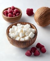 Fresh coconut bowl filled with white feta cheese cubes served with ripe raspberries in ceramic bowl on white background, healthy food styling.