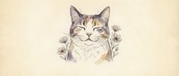 Tabby cat with flowers on cream background, isolated illustration suitable for greeting cards, prints, and design projects.