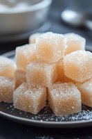 Homemade orange ginger candy cubes covered in crystallized sugar on dark plate with blurred kitchen bowls in background for confectionery and sweet treats.