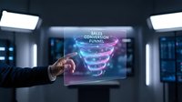 Sales conversion funnel holographic display touched by a businessman in a dark tech office, visualizing marketing strategy and lead generation.