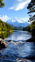 Majestic snow-capped mountain peak reflects in calm river waters, framed by lush forest and rocks creating rapids in foreground, under bright blue summer sky.