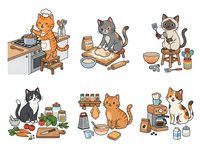 Cartoon cats cooking and preparing meals in kitchen scenes with utensils, ingredients, and food. Isolated clipart illustrations suitable for t-shirts, kitchen decor, and culinary designs.