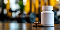 White medicine bottle and brown supplement capsules on wooden surface against blurred warm bokeh background. For pharmaceutical and healthcare marketing.