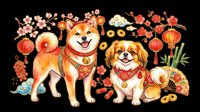 Cute dogs with Asian lanterns, coins, and festive decorations isolated on transparent background. Ready for t-shirt design, clipart, stickers, print-on-demand products, and sublimation projects.