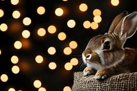 Brown bunny rabbit sitting in burlap basket against dark background with golden bokeh lights, creating magical holiday atmosphere. Perfect for seasonal greeting cards.
