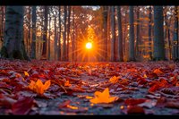 Beautiful autumn sunset in forest with fallen maple leaves covering ground, sun rays breaking through trees creating magical golden hour atmosphere.