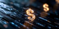 Glowing golden dollar symbol on digital circuit board background with binary code elements, representing digital currency and financial technology.