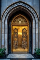 Ornate golden double doors with intricate Islamic geometric patterns and arabesque designs framed by stone archway entrance with decorative calligraphy and foliage.