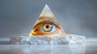 Mystical golden eye in luminous triangle floating above crystalline ice formation against misty gray background creates surreal spiritual atmosphere.
