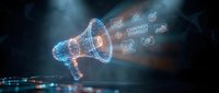 Glowing digital megaphone emitting social media icons and data streams, representing online marketing, digital communication, and social network promotion strategies.