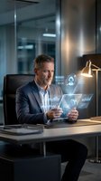 Middle-aged Caucasian businessman using futuristic holographic interface technology on tablet in modern office environment for digital transformation concepts.