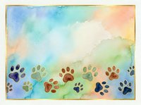 Colorful watercolor background with scattered animal paw prints in various hues, featuring soft washes of blue, green, yellow, and pink tones. Suitable for pet-related designs, greeting cards, and animal-themed projects.
