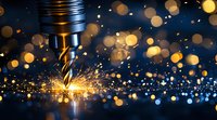 Drilling metal with bright orange sparks and bokeh light effects against dark background, industrial machining process creates dramatic workshop atmosphere.