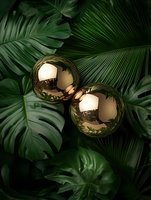 Luxurious gold spheres nestled among tropical palm leaves and monstera plants, creating elegant contrast between metallic surfaces and lush greenery.
