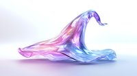 Ethereal flowing fabric in pink and blue gradient colors creates dynamic movement against white background, floating with graceful curves and translucent effects.