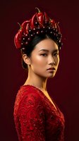 Young East Asian woman wearing elaborate red embroidered garment with decorative red peppers and dark berries arranged as ornamental headpiece against deep burgundy background for fashion, beauty and editorial use.