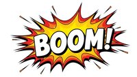 Comic book explosion burst with BOOM text in bold letters featuring dynamic red yellow orange flames and radiating lines on white background.