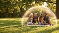 Happy multigenerational family enjoying picnic in sunny park with golden light creating magical rainbow arc overhead during warm summer evening.