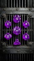 Purple polyhedral dice set with numbers displayed on dark metal grate background, suitable for tabletop gaming, role-playing games, and fantasy entertainment projects.